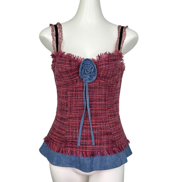 D&G Dolce & Gabbana Bustier Corset Top Wool Pink Multi-Color Tweed Flower Sz S - Picture 1 of 16